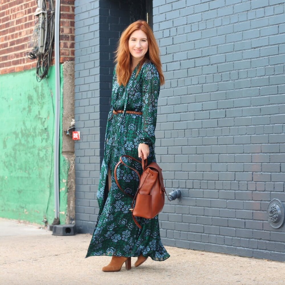 Banana Republic Olivia Palermo Green & Blue Floral Neck-Tie Maxi Shirtdress S - Picture 3 of 8